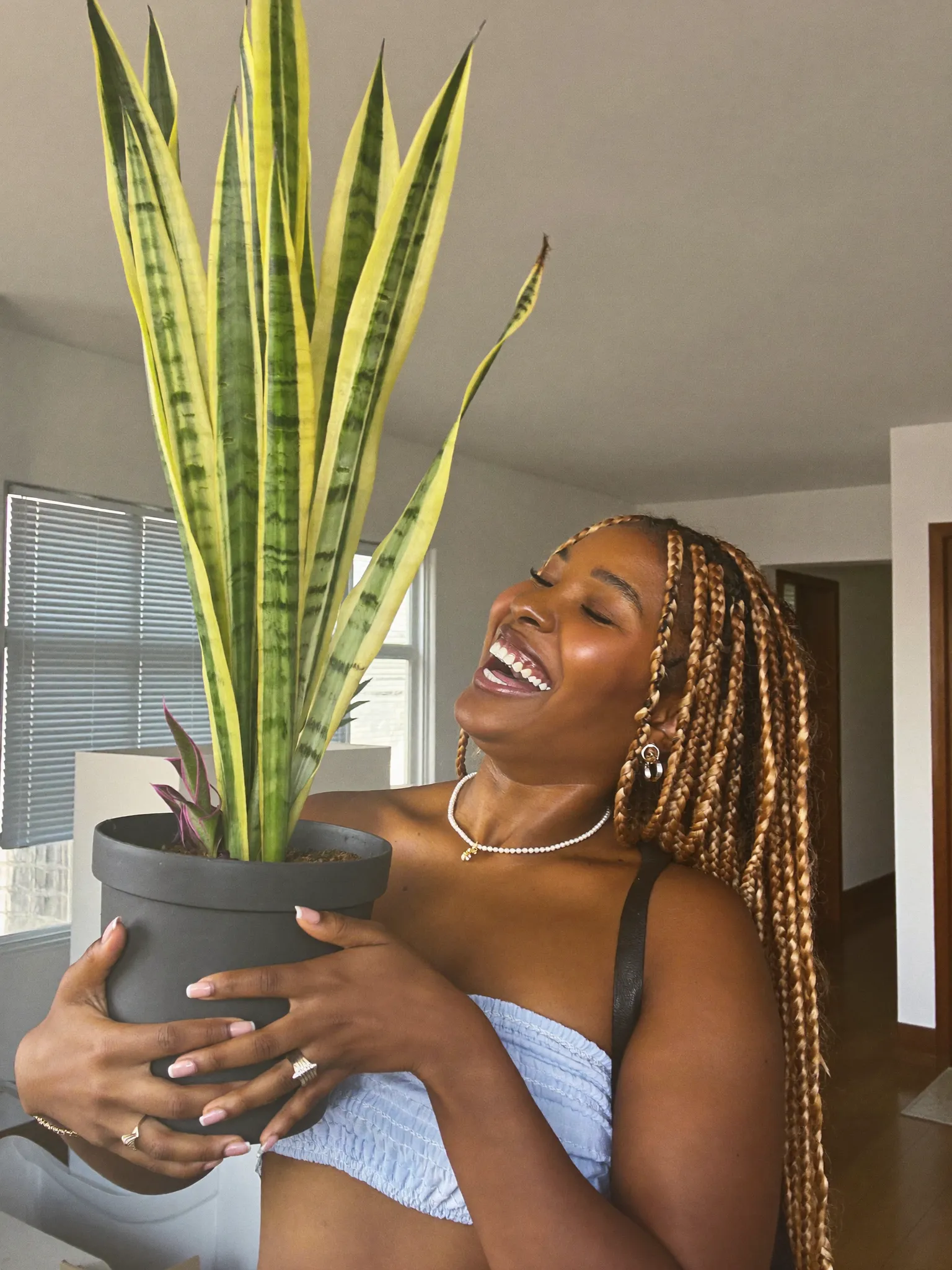 Amara at home in Lagos with her tall snake plant