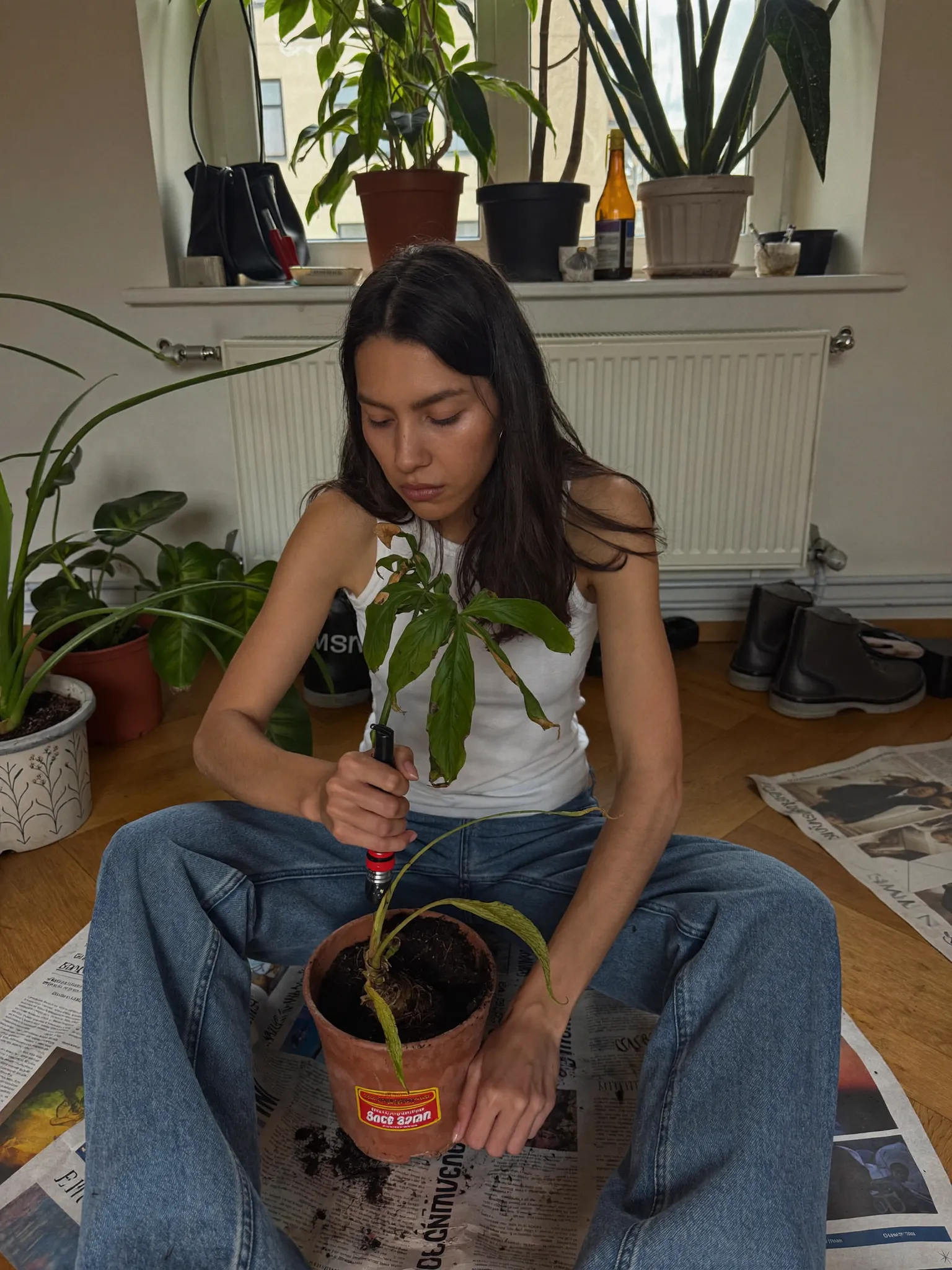 Nora repotting a rescued plant on her Berlin floor