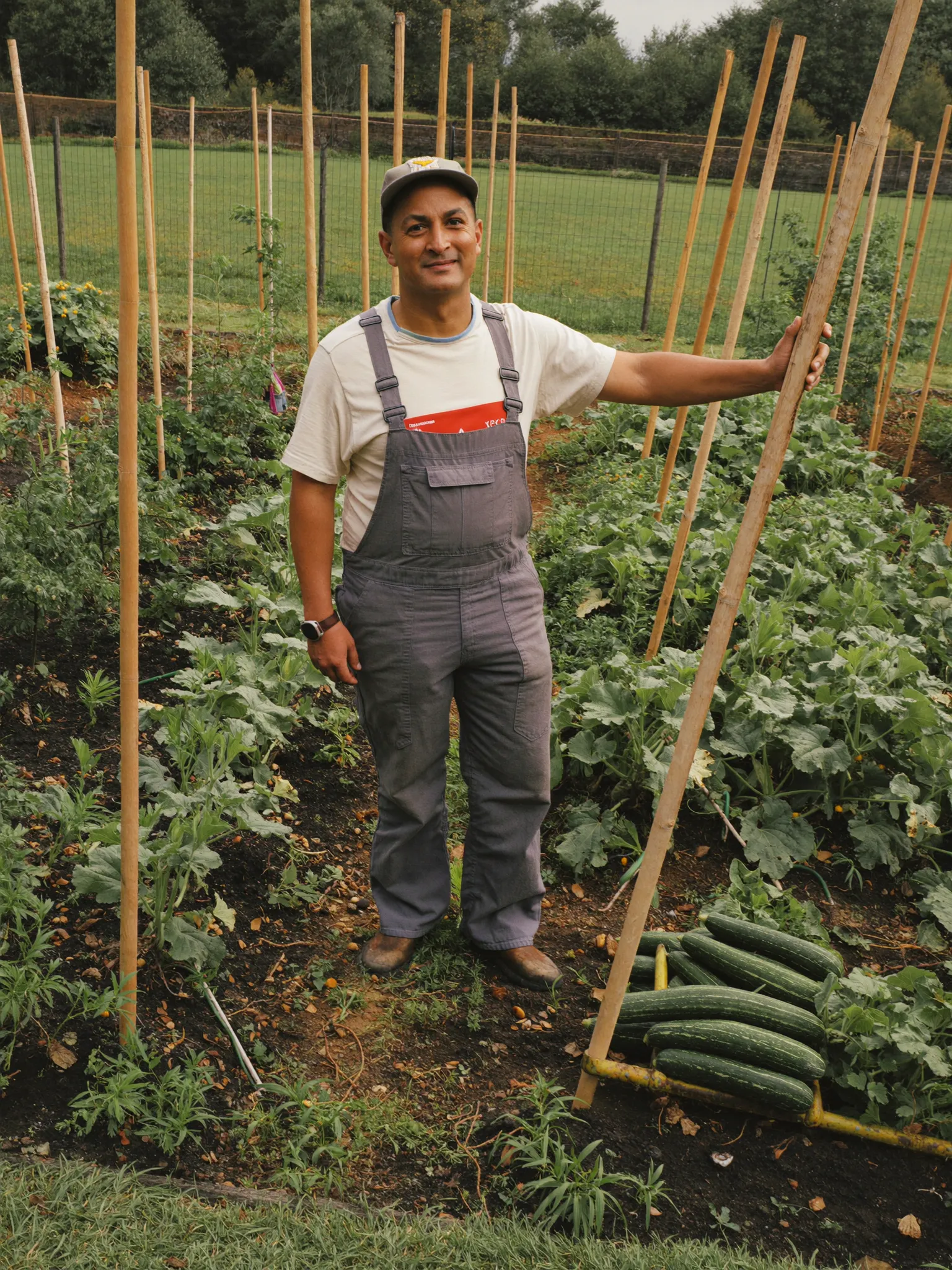 Raj at his Birmingham allotment with courgettes and bean poles