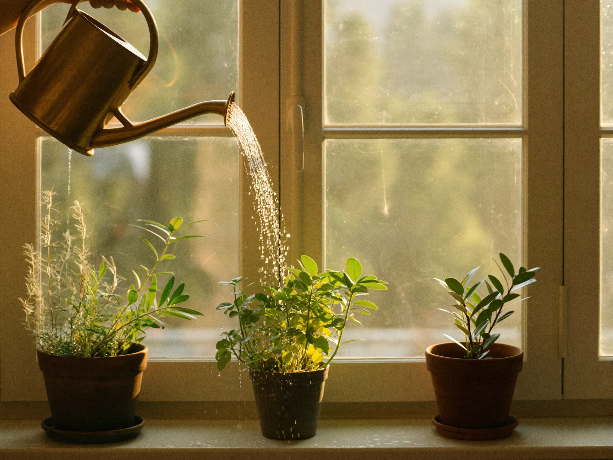 A brass watering can beside potted plants on a bright windowsill